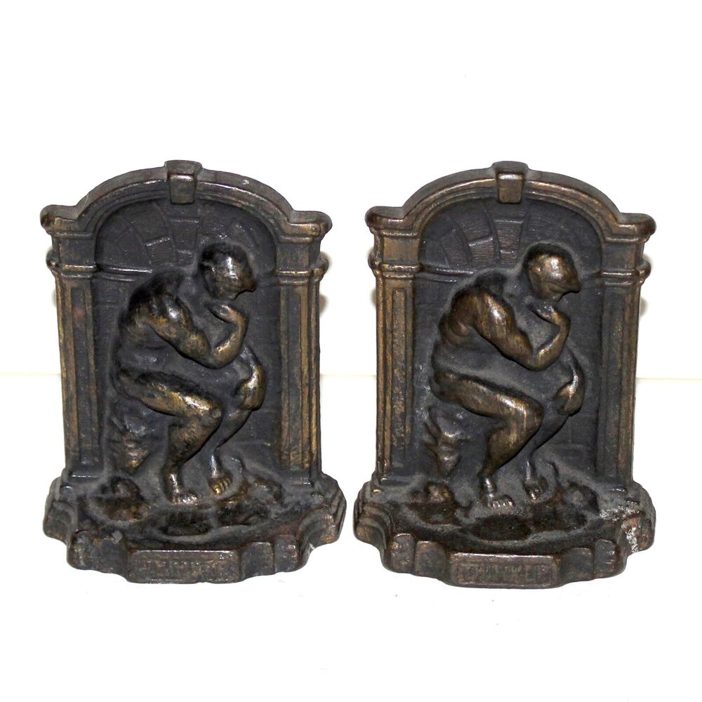 Vintage pair The Thinker Bookends Rodin cast iron bronze finish patina decor